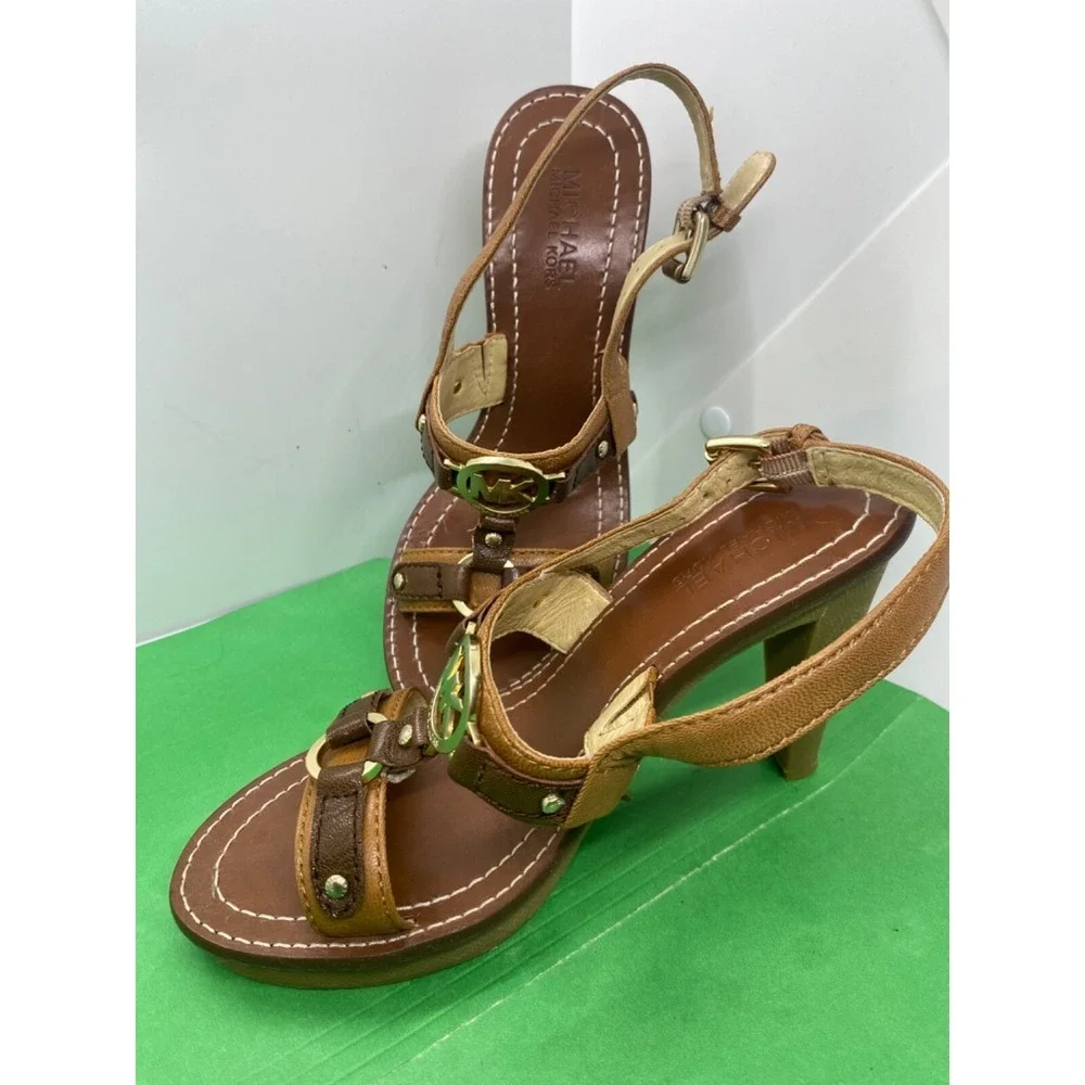 Michael Kors Womens Brown Leather Slingback MK Logo Heels Sandals Size 7M